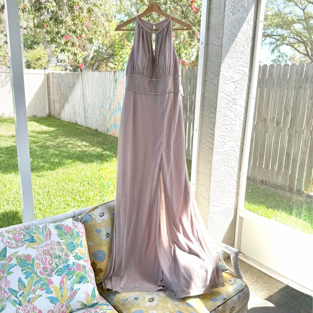 Oleg Cassini Blush Metallic Formal Gown Rhinestone Waist Size 8 NWT
